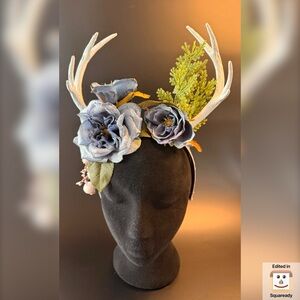 Floral Antler Headband with Glittery Blue Winter Roses  ❄️